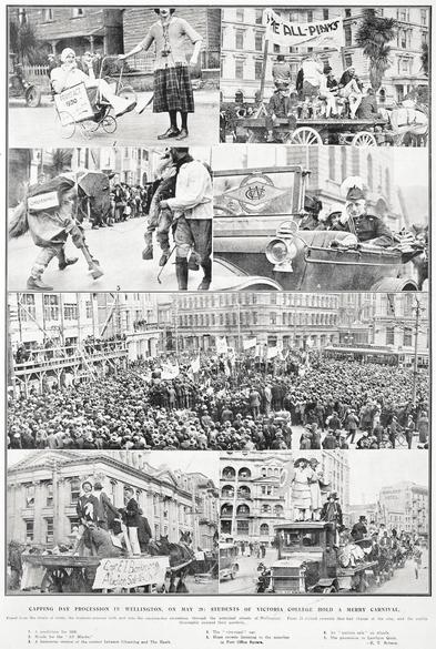 Black-and-white photo montage: Capping Day Procession in Wellington, on May 29: Students of Victoria College Hold a Merry Carnival. 1925. Photographer, E. T. Robson. Extended caption: Freed from the strain of study, the students entered with zest into the capping-day procession through the principal streets of Wellington. From 11 o’clock onwards they had charge of the city, and they thoroughly enjoyed their gambols. 1. A prediction for 1930. 2. Rivals for the “All Blacks.” 3. A humorous version of the contest between Gloaming and The Hawk. 4. The “vice-regal” car. 5. Huge crowds listening to the speeches in Post Office Square. 6. An “auction sale” on wheels. 7. The procession in Lambton Quay. Citation: Supplement to the Auckland Weekly News, 4 June 1925, p. 43. Auckland Libraries Heritage Collections AWNS-19250604-43-01. https://kura.aucklandlibraries.govt.nz/digital/collection/photos/id/243874