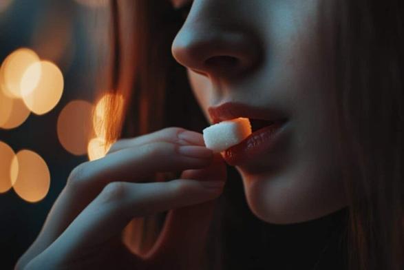This shows a woman eating a sugar cube.