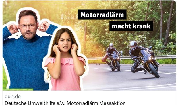 Deutsche umwelthilfe motorradlärm messaktion, Mann und Mädchen halten sich die Ohren zu, daneben Motorräder, motorradlärm macht krank