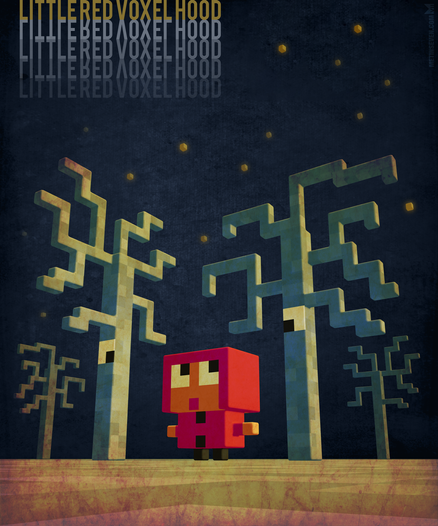 Minimalistic voxel art style illustration of Little Red Riding Hood being lost in the woods. The trees have eyes that are looking at her.