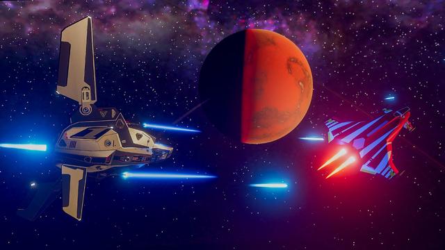 Two space fighters duel in space, lit by laser fire. An orange planet hangs in the background.