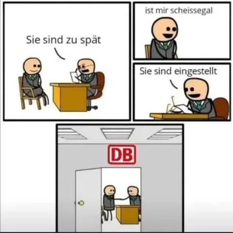 Three-panel comic strip:

1. A job interviewer says, "Sie sind zu spät" (You're late).


2. The applicant replies, "ist mir scheissegal" (I don't give a s**t), and the interviewer responds, "Sie sind eingestellt" (You're hired).


3. The two shake hands in an office with the "DB" (Deutsche Bahn, German railway company) logo above the door.