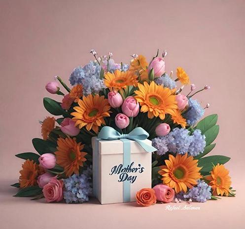 Bouquet of Flowers over a white box with the legend Happy Mother's day in celebration of the Special Day, artwork by Rafael Salazar at RafaelSalazar.com