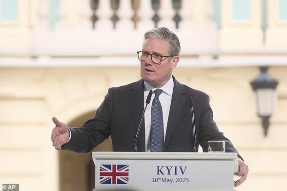 Speaking in a press conference alongside his European counterparts, Sir Keir said Europe is 'stepping up' on the 80th anniversary of VE day to secure Ukraine's long-term future