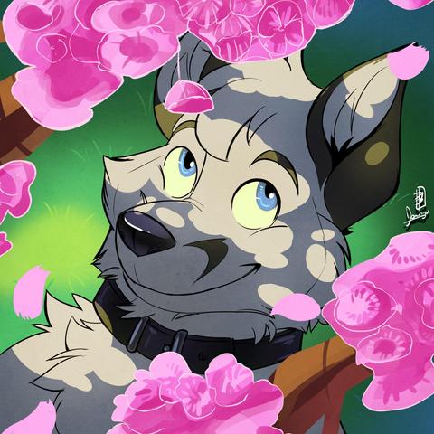 Digital color icon by Donryu. A white fox smiling amidst cherry blossoms