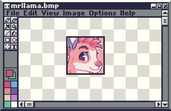 A window that looks like Windows 95 MS Paint with a pixelart portrait a llama with pink hair