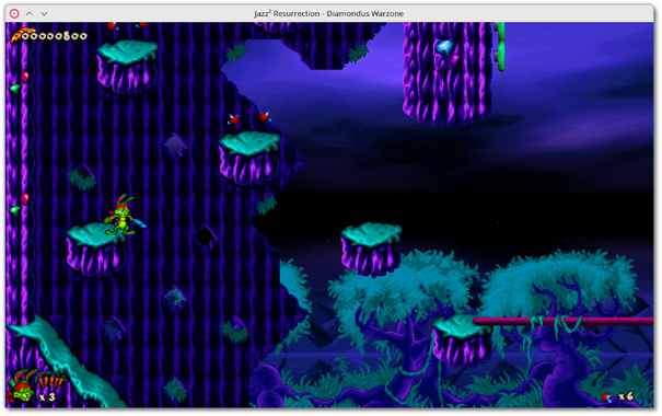 🕶️ A view of the game (v.2.8.0, on an objective map, outside story mode) where Jazz Jackrabbit 2 is on one platform and is about to jump onto another to grab bonuses.

📚️ Jazz Jackrabbit 2 is a 2D side-scrolling platform game (published in 1998, by the studio Epic MegaGames). In this 2nd opus, Jazz Jackrabbit the galactic rabbit, pursues his sworn enemy, Devan Shell, through time, in order to recover the ring with which he intended to marry Eva. Jazz² Resurrection is a libre, multi-platform, single/multiplayer (temporarily disabled at 1.1)  engine, compatible with this 2nd opus (not #1) and its DLC (Shareware Demo, Holiday Hare '98, The Secret Files, Christmas Chronicles). It brings the support of modern PC (full screen/windowed, graphic filters, sound, gamepad, ...). Tested : excellent !