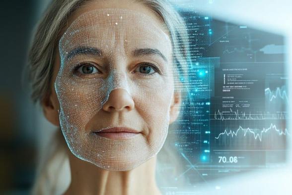 This shows a woman's face with a digital overlay.