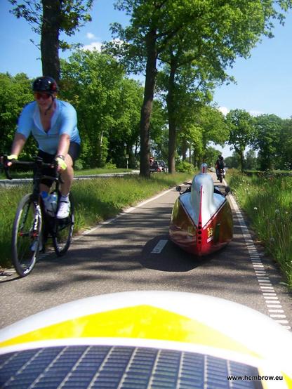 Cyclepath with three velomobiles coming up behind two fatbikes while a cyclist on a road bike comes in the opposite direction. It's a relatively narrow cycle-path by Dutch standards, in a rural area where it's not normally very busy. But despite that we had no problems with each other.