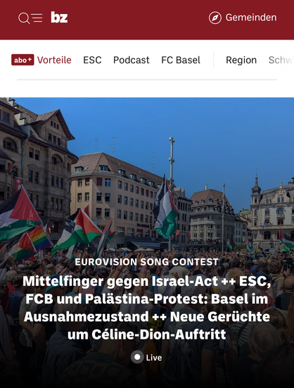 Screenshot van homepage Zwitserse krant BZ