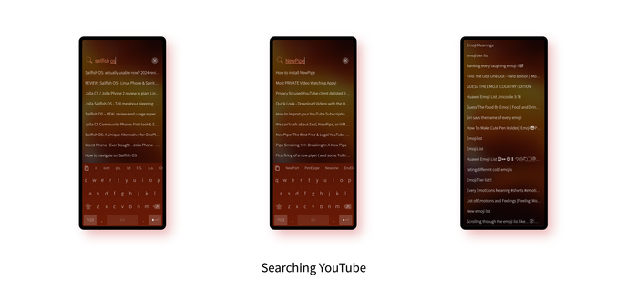 Three screenshots showing search working in the app. The first shows the search term 'sailfish os' with nine search results showing. The second shows the search results for 'NewPipe'. The third shows the same search term but scrolled down the page and with the keyboard closed.