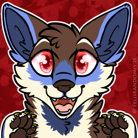 Digital art of a husky character made for an icon. They are brown and blue in color, with red eyes