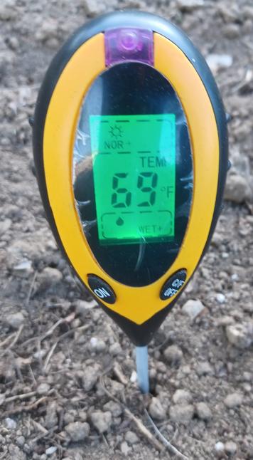 Closeup view of the display on a digital soil thermometer.  Device is an ovoid shape and is yellow and green plastic with a metal probe out the bottom stuck in the ground.  Display reads 69⁰ F/20.5⁰C and bottom of the display shows WET soil conditions.