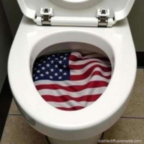 A toilet with an American flag in the bowl.