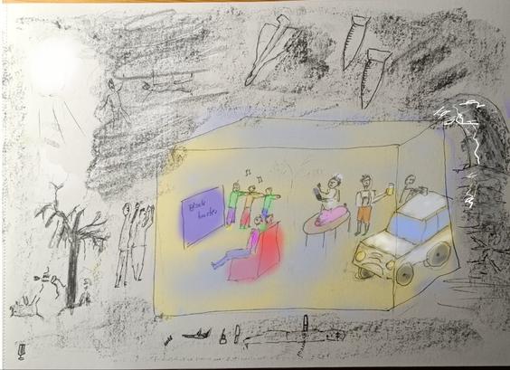 Zeichnung Bleistift, Kohle, digital: Ein Glashaus in denen es Menschen gut geht. Dort ein Fernseher mit der Schrift Blockbuster eine Gruppe von Menschen bei einer Polonaise, ein mich mit Messer und spanferkel, ein Typ mit Messer. Ein Mensch in Lederhose mit einer maß Bier, ein SUV. Draußen Bomben,Kriegsflugzeuge eher Riesenwelle, heiße Sonne, Waffen Flüchtlinge, die nicht in den Glasbau kommen. Tote Tiere.