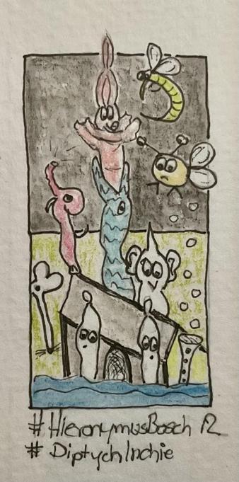 A whimsical drawing featuring colorful abstract creatures, including a rabbit, insects, and various playful forms. The background is dark with hints of green and yellow, while a small structure in the foreground adds to the playful theme. The image is labeled with hashtags „#Hieronymus Bosch #DiptychInchie“