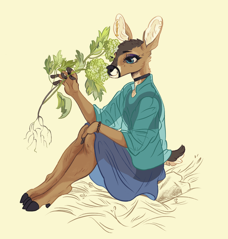 A drawing of an anthro deer sitting on the ground, knees pulled up, smelling a stem of flowers that was pulled up by the roots.