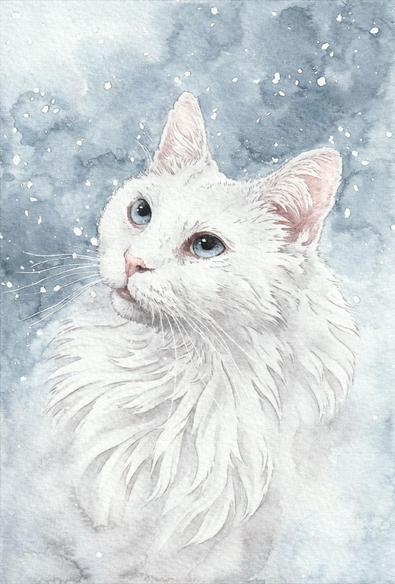 watercolor painting, a fluffy white cat portrait on a light blue background.