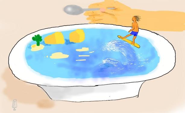 Zeichnung, digital: ein Suppenteller mit einer Suppe in blau mit Kartoffeln, hellen stellen. Aus einer ragt ein Brokkoli wie eine Palme; rechts eine Welle mit einem Surfer. Daneben eine Hand mit Löffel.