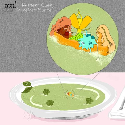 Farbige digitale Zeichnung. Unten im Bild steht ein Teller mit grüner Suppe. Einige Brokkoliröschen schwimmen darin. Am Tellerrand liegen zwei Kräuterblätter als Dekoration. Auf der Suppe schwimmt etwas kleines orangefarbenes. Die Vergrößerung davon sieht man oben im Bild. Es ist ein schmales Boot, wie aus einer Karotte geschnitzt. Darin sitzen vier Fantasiefiguren mit üppiger Haarpracht. Zwei größere am vorderen und hinteren Ende des Bootes halten je ein Ruder. Eine kleinere Figur in der Mitte neigt sich über den Bootsrand und hält eine Hand in die vorbeirauschende Suppe. Eine vierte Figur macht einen einhändigen Kopfstand auf der Hand am Bootsrand.