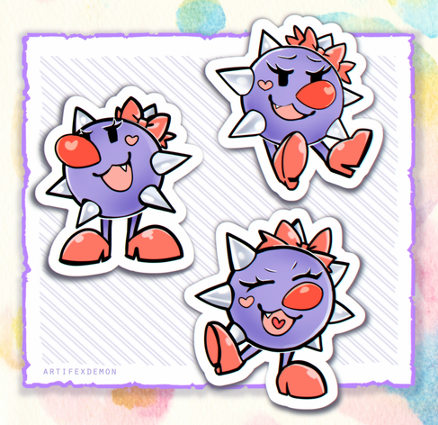 A set of illustrations of Tap-Tap The Princess. She's a lavender spikeball with legs and a face. She is drawn in a Paper Mario TTYD artstyle with a thick "paper" outline. She has a red nose with a heart "shine spot", heart-shaped "blush stickers", pinkish high hells on short stick legs, no arms, shiny white spikes all around her head/body which is just a sphere, and a pink ribbon tied to one of the crowning spikes. She has long eye lashes and wears a sassy face in one image, a confident one in another, hand a happy open mouth smile in the last