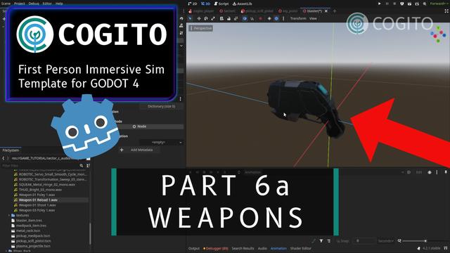 Thumbnail for a tutorial video on how to setup Weapons using Cogito and Godot Engine.