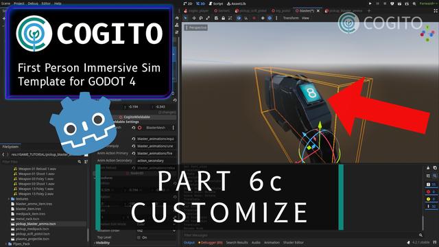 Thumbnail for a video tutorial on how to customize wieldables in Cogito and Godot Engine.