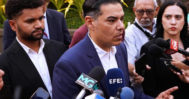 Rep. Robert Garcia, D-Calif., speaks to the media about Kilmar Abrego Garcia, a Salvadoran citizen who was living in Maryland and deported to El Salvador by the Trump administration, accompanied by Rep. Maxwell Frost, D-Fla., left, at a hotel in San Salvador, El Salvador, Monday, April 21, 2025. (AP Photo/Salvador Melendez)