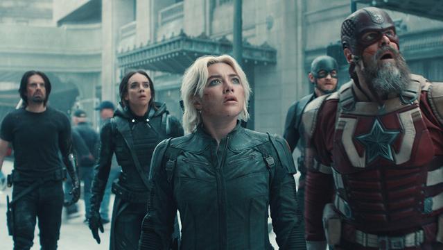 (L-R) Bucky Barnes (Sebastian Stan), Ghost (Hannah John-Kamen), Yelena Belova (Florence Pugh), John Walker (Wyatt Russell), and Red Guardian/Alexei Shostakov (David Harbour) in Marvel Studios' Thunderbolts