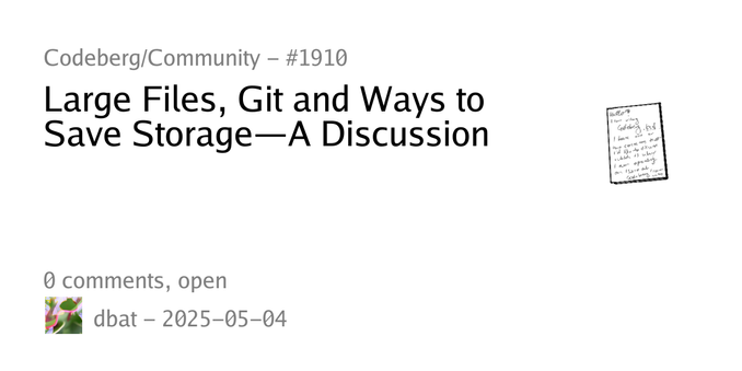 Summary card of an issue titled "Large Files, Git and Ways to Save Storage—A Discussion" in repository Codeberg/Community