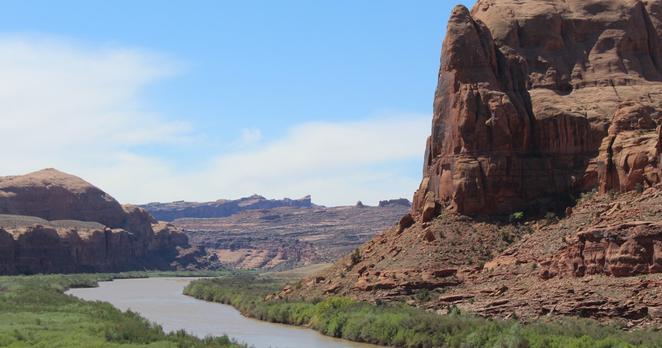 The Colorado River flows just west of Moab, UT towards its confluence with the Green River in Canyonlands National Park. Snowpack in southern Utah was low this winter, but much of the upper Colorado River Basin had snowpack levels closer to average.