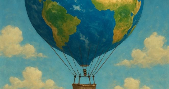 Die Erde im als Heiĺuftballon am blauen Himmel, unten hängt ein Korb