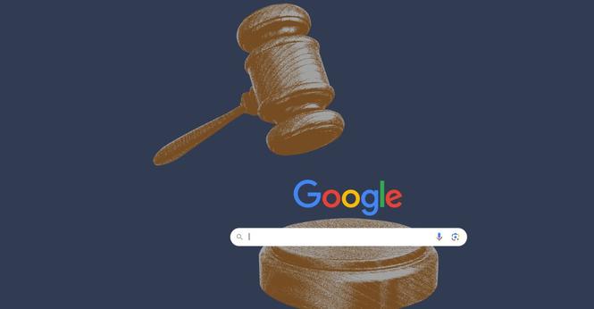 Photo illustration of a gavel about to hit the Google search bar.