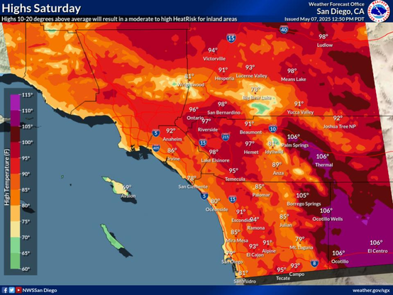 Temperatures 10-20 degrees above average will cause moderate to high HeatRisk for some inland areas. For the coastal areas: 76 to 86, western valleys and inland Orange County: 86 to 93, inland valleys: 89 to 97, mountains between 4000 ft and 7000 ft: 76 to 85, high desert: 91 to 96, low desert: 102 to 106.
Temperatures 10-20 degrees above average will cause moderate to high HeatRisk for some inland areas. For the coastal areas: 76 to 86, western valleys and inland Orange County: 86 to 93, inland valleys: 89 to 97, mountains between 4000 ft and 7000 ft: 76 to 85, high desert: 91 to 96, low desert: 102 to 106.