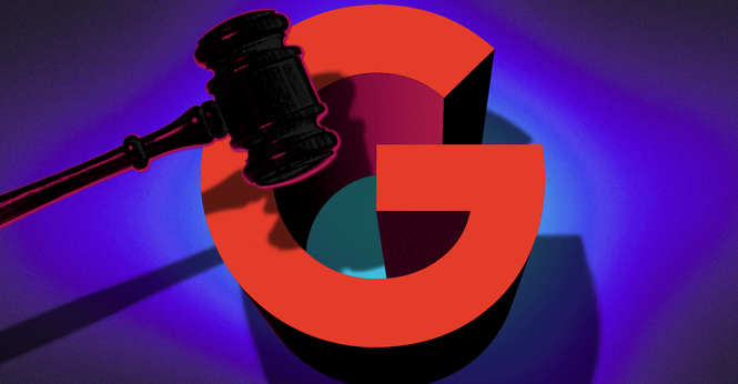 An illustration showing the Google logo with a gavel