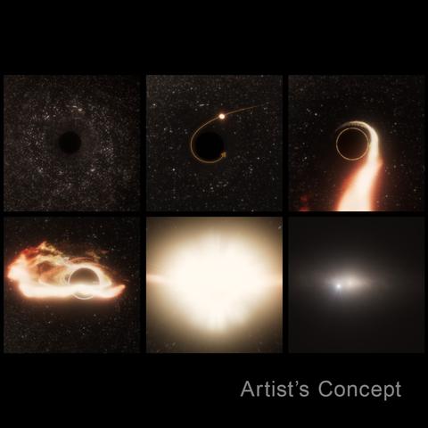 Six-panel illustration marked "Artist's Concept." The upper left panel shows the silhouette of supermassive black that is adrift inside a galaxy. The middle upper panel shows a yellow star drifting near the black hole. The three following panels show the star being shredded in bright white concentric streamers followed by a white explosion. the bottom right panel is an external view of the galaxy showing a bright white star-like object that is the site if the explosion as viewed in X-rays and visible light.