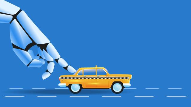 Robotic hand pushing toy taxi. Driverless taxi, machine learning concept. Vector illustration. Robotic hand pushing toy taxi. Driverless taxi, machine learning concept. Vector illustration.