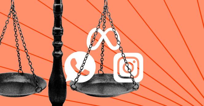 Justice scales with the Whatsapp, Instagram, and Meta logos.
