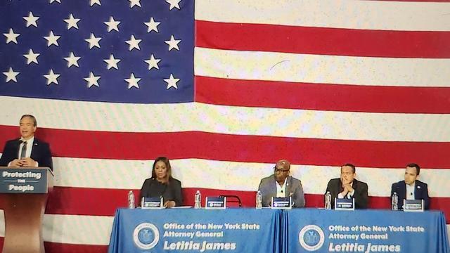 California Attorney General Rob Bonta (at left) gathers with Letitia James and other attorneys general from around the country in Westchester County, NY, on May 8, 2025
