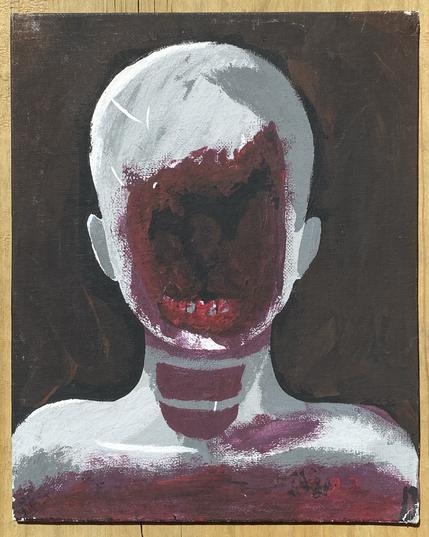 A disturbing abstract painting of a faceless figure with a pale head and body. The facial area is dark and features jagged, red outlines resembling a mouth with exposed teeth. The background is deep brown, enhancing the eerie effect of the figure.