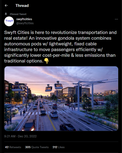 Swyft Cities is here to revolutionize transportation and real estate! An innovative gondola system combines autonomous pods w/ lightweight, fixed cable infrastructure to move passengers efficiently w/ significantly lower cost-per-mile & less emissions than traditional options. 