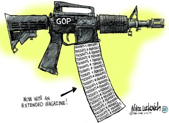 political picture by Mike Luckovich of a shortened AR-15 with an "extended magazine" of "thoughts & prayers"; the label on the receiver is "GOP".