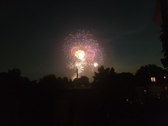 Fireworks over the silhouette of rooftops and treetops