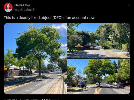 This is a deadly fixed object (DFO) stan account now.

Pictures of trees in medians included