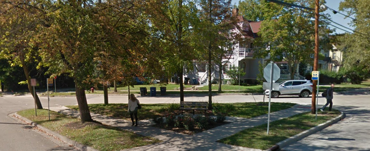 Streetview of Triangle Park, a small grassy area occupying an island surrounded by Oakland, Tappan and E University Avenues. It has just enough room for some flowers, a tree, and a bench! 
