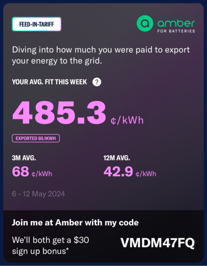 Screenshot from Amber Electric app, showing a tariff of 485.3¢/kWh