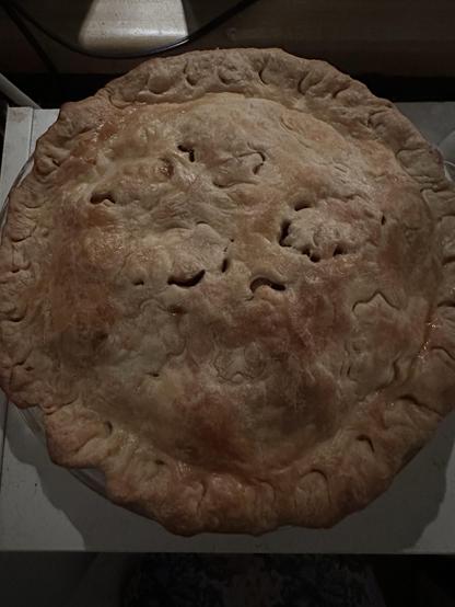 A top down picture of an apple pie. You can’t tell it’s apple because all you can see is a top crust, golden brown with what looks like squiggles cut in to vent. 
It really could be any kind of pie, but trust me, it’s apple.  