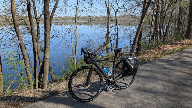 Dark brown Diverge bicycle parked on the Sakatah Singing Hills State Trail with Lake Sakatah visible through the tree trunks the line the trail. The lake is reflecting the blue sky.