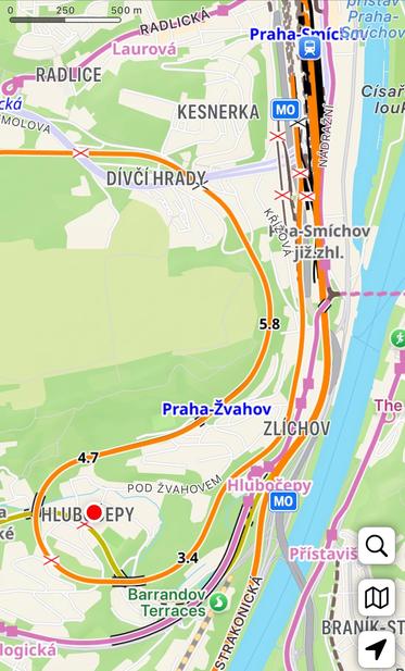 Map showing the curved path of the Prague Semmering line. The red dot indicating my position is in the middle of the large curve, in Hlubočepy.