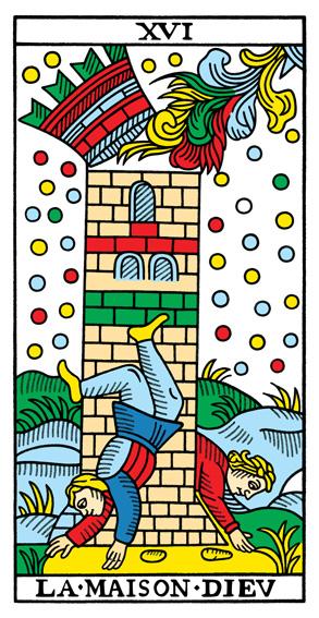Image of the Marseilles Tarot card numb 16, the lightning struck tower. 